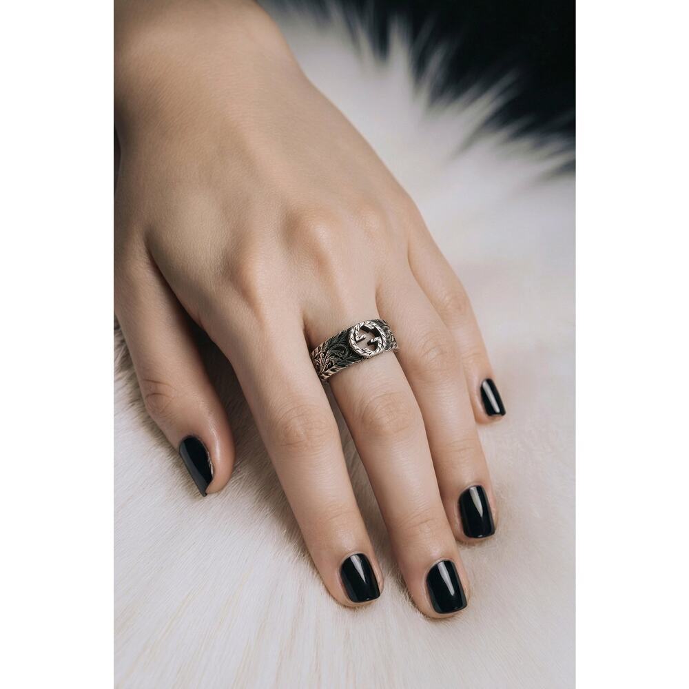 Gucci Interlocking G Arabesque Ring Sterling Silver 925 Size 9 US / 21 EU